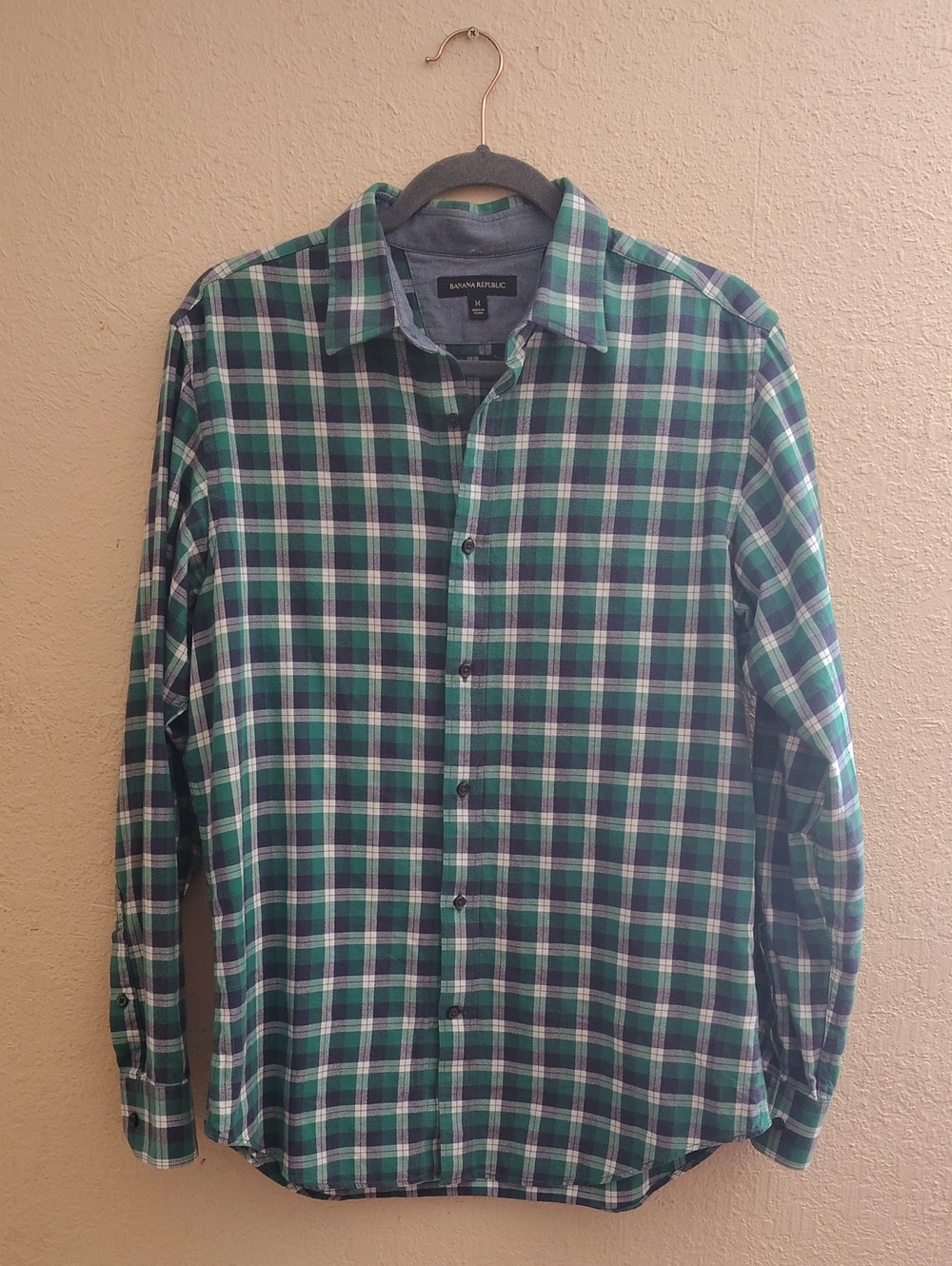 Men's Banana Republic Green and Blue Plaid Button-Down Shirt Size Medium